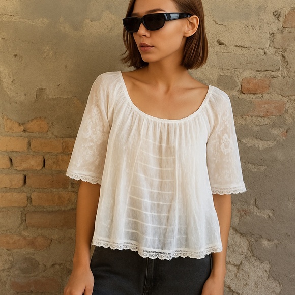 Free With Purchase - Pol White Eyelet Blouse Sheer Lace Wide Sleeve - Picture 1 of 8